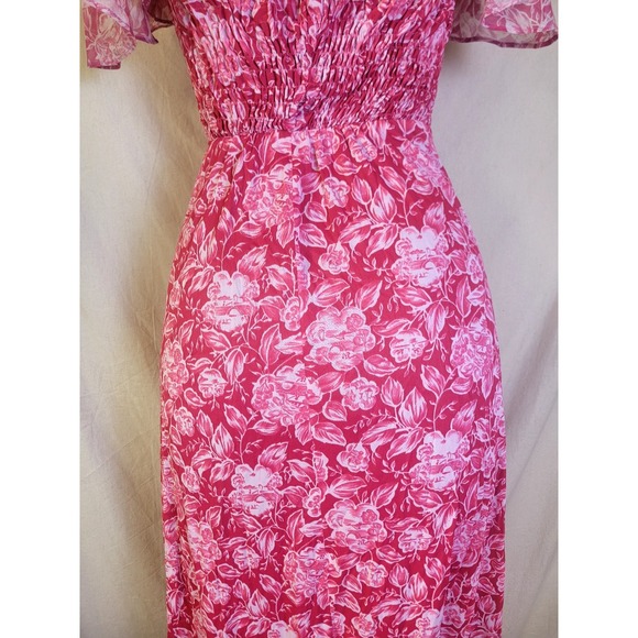 Vintage 70s Pink Maxi Dress Floral Ruched Ruffle Cottage Size Small - Picture 6 of 13